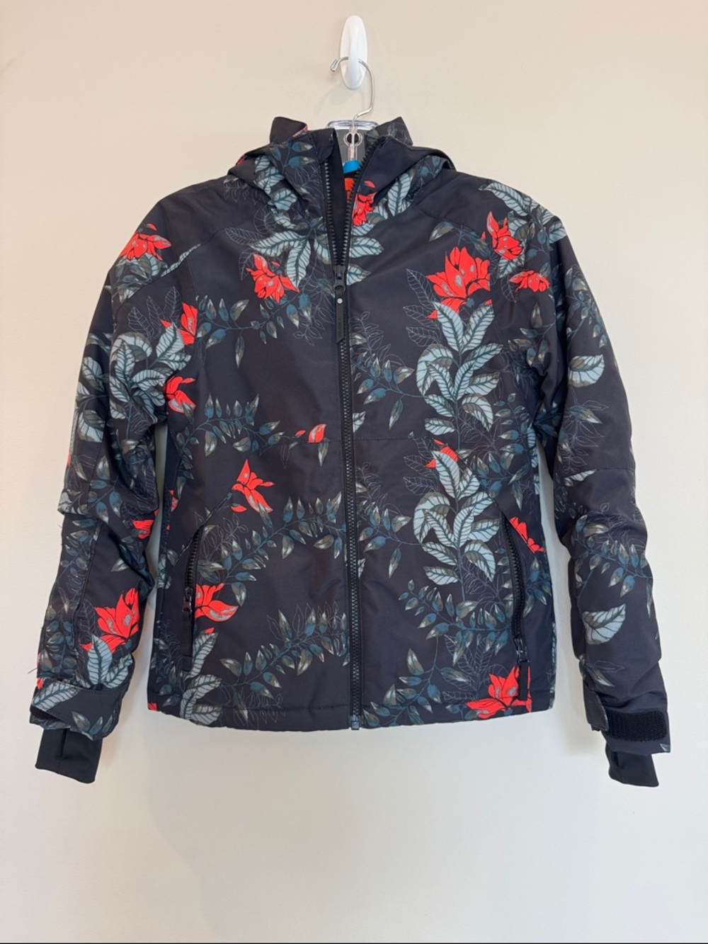 O'Neill Kids Puffer Jacket - Black and Red Floral, Size 8